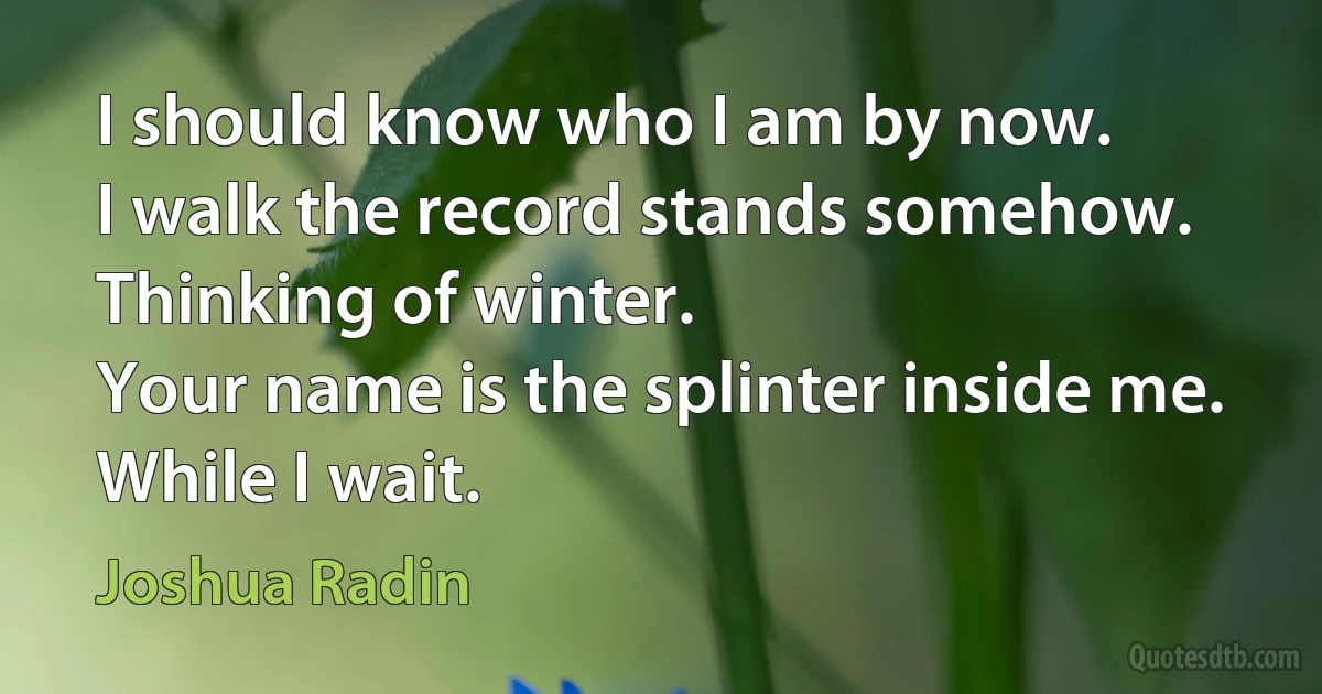 I should know who I am by now.
I walk the record stands somehow.
Thinking of winter.
Your name is the splinter inside me.
While I wait. (Joshua Radin)