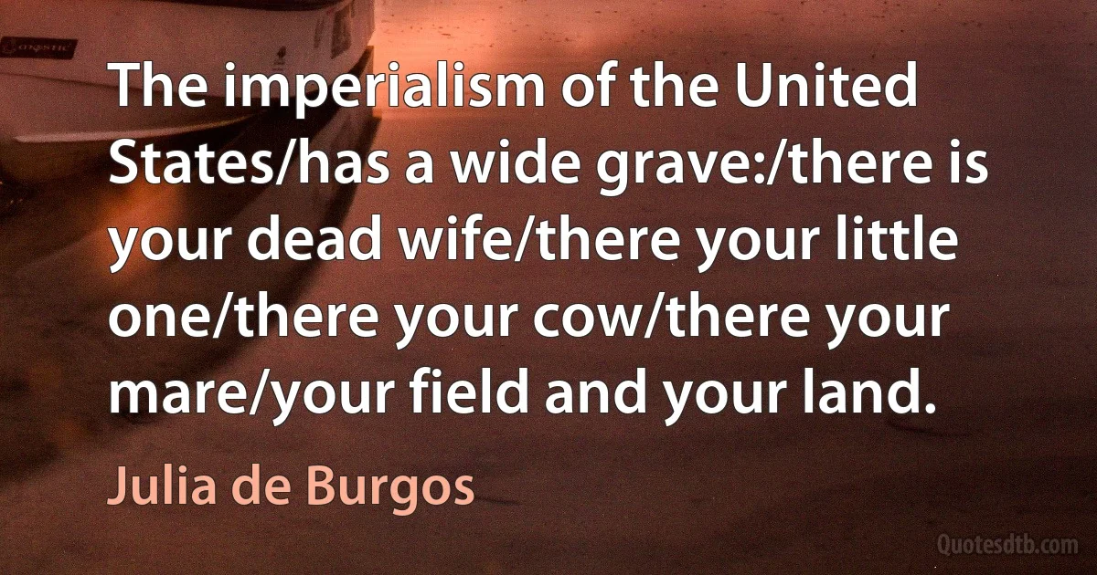 The imperialism of the United States/has a wide grave:/there is your dead wife/there your little one/there your cow/there your mare/your field and your land. (Julia de Burgos)