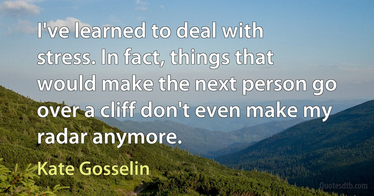 I've learned to deal with stress. In fact, things that would make the next person go over a cliff don't even make my radar anymore. (Kate Gosselin)