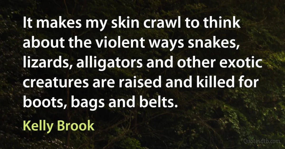 It makes my skin crawl to think about the violent ways snakes, lizards, alligators and other exotic creatures are raised and killed for boots, bags and belts. (Kelly Brook)