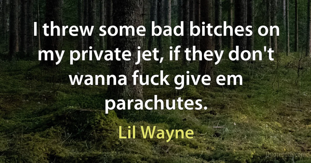 I threw some bad bitches on my private jet, if they don't wanna fuck give em parachutes. (Lil Wayne)