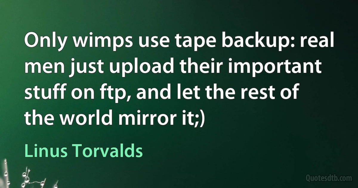 Only wimps use tape backup: real men just upload their important stuff on ftp, and let the rest of the world mirror it;) (Linus Torvalds)