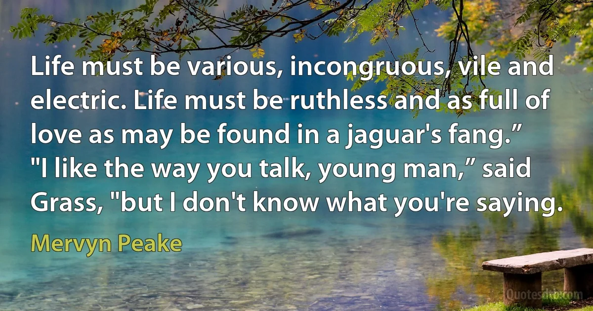 Life must be various, incongruous, vile and electric. Life must be ruthless and as full of love as may be found in a jaguar's fang.”
"I like the way you talk, young man,” said Grass, "but I don't know what you're saying. (Mervyn Peake)
