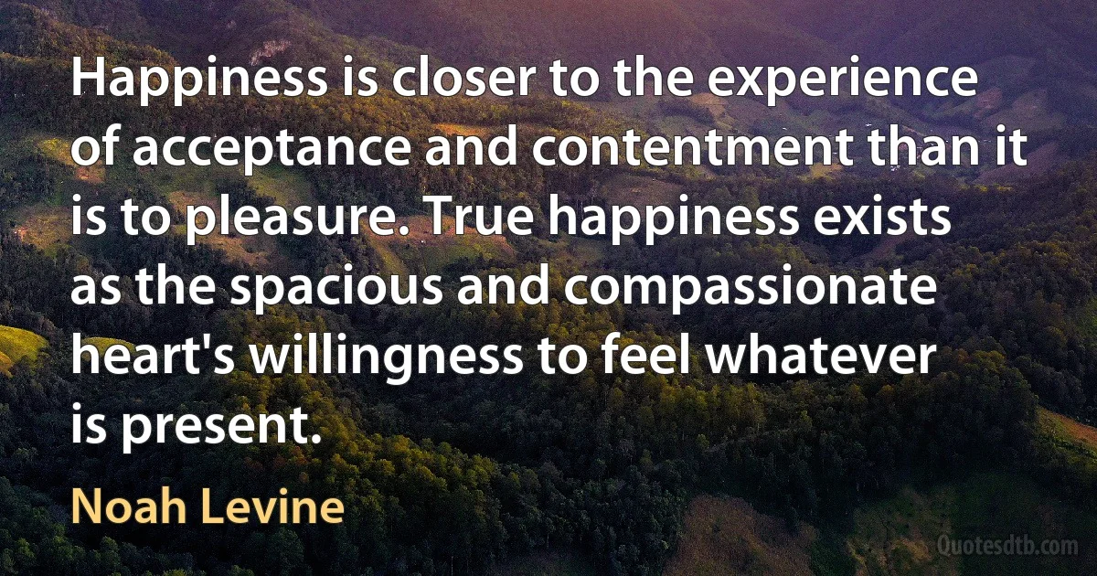 Happiness is closer to the experience of acceptance and contentment than it is to pleasure. True happiness exists as the spacious and compassionate heart's willingness to feel whatever is present. (Noah Levine)