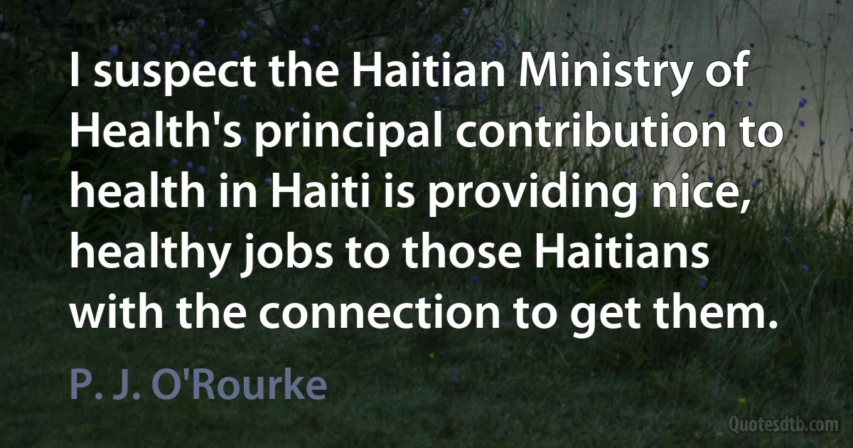 I suspect the Haitian Ministry of Health's principal contribution to health in Haiti is providing nice, healthy jobs to those Haitians with the connection to get them. (P. J. O'Rourke)