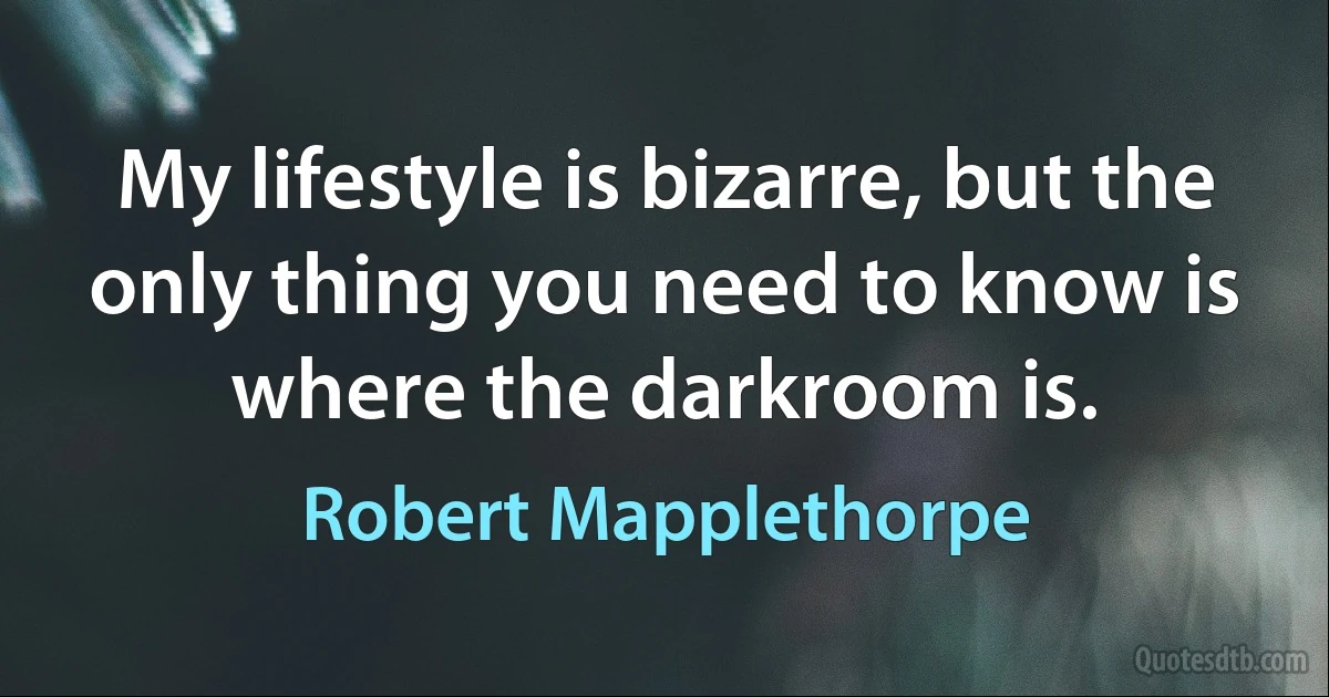 My lifestyle is bizarre, but the only thing you need to know is where the darkroom is. (Robert Mapplethorpe)