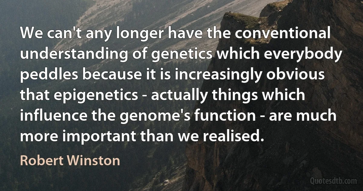 We can't any longer have the conventional understanding of genetics which everybody peddles because it is increasingly obvious that epigenetics - actually things which influence the genome's function - are much more important than we realised. (Robert Winston)