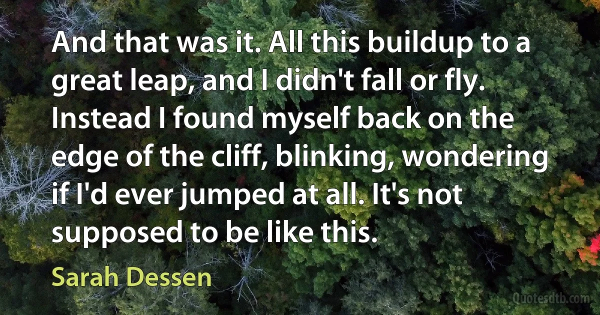 And that was it. All this buildup to a great leap, and I didn't fall or fly. Instead I found myself back on the edge of the cliff, blinking, wondering if I'd ever jumped at all. It's not supposed to be like this. (Sarah Dessen)