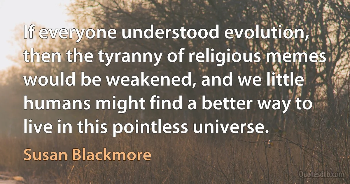 If everyone understood evolution, then the tyranny of religious memes would be weakened, and we little humans might find a better way to live in this pointless universe. (Susan Blackmore)