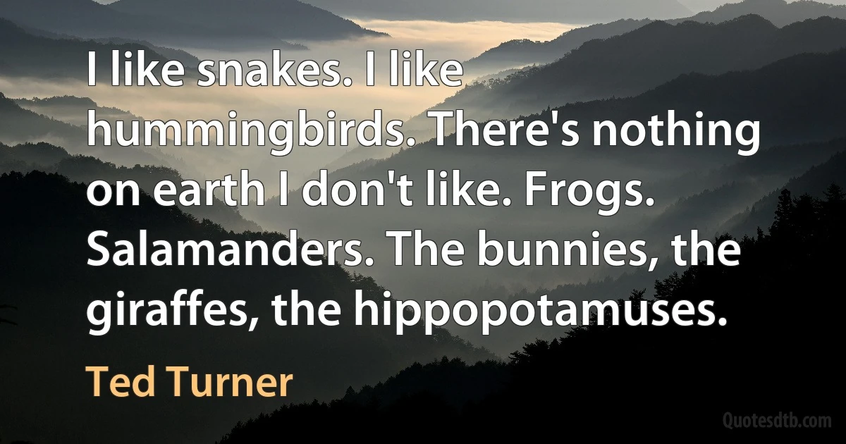 I like snakes. I like hummingbirds. There's nothing on earth I don't like. Frogs. Salamanders. The bunnies, the giraffes, the hippopotamuses. (Ted Turner)