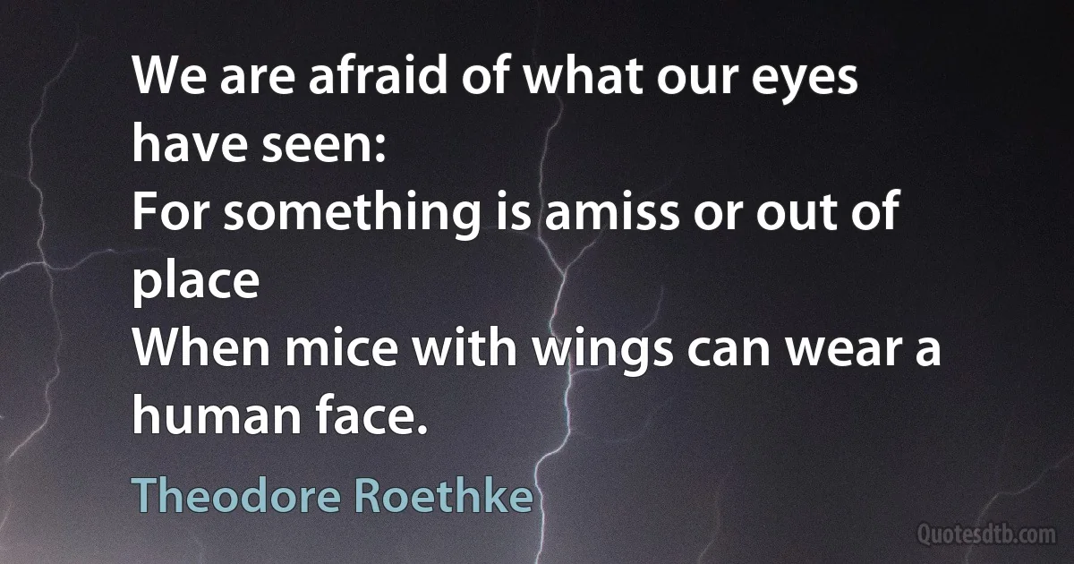 We are afraid of what our eyes have seen:
For something is amiss or out of place
When mice with wings can wear a human face. (Theodore Roethke)