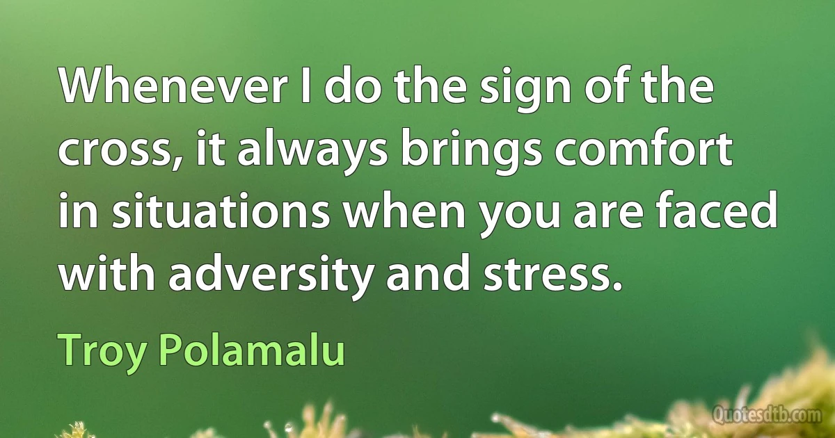 Whenever I do the sign of the cross, it always brings comfort in situations when you are faced with adversity and stress. (Troy Polamalu)