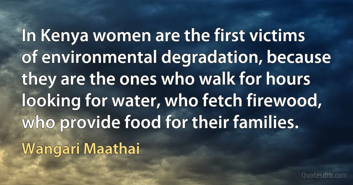 In Kenya women are the first victims of environmental degradation, because they are the ones who walk for hours looking for water, who fetch firewood, who provide food for their families. (Wangari Maathai)