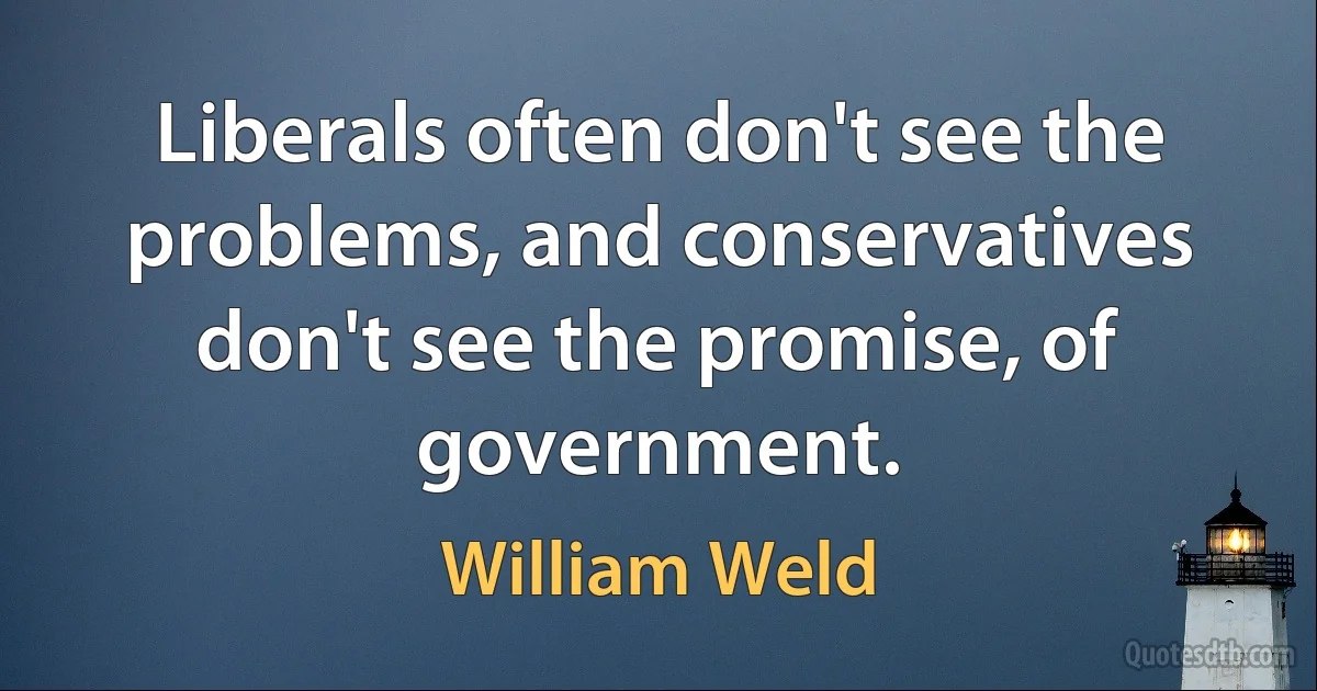 Liberals often don't see the problems, and conservatives don't see the promise, of government. (William Weld)