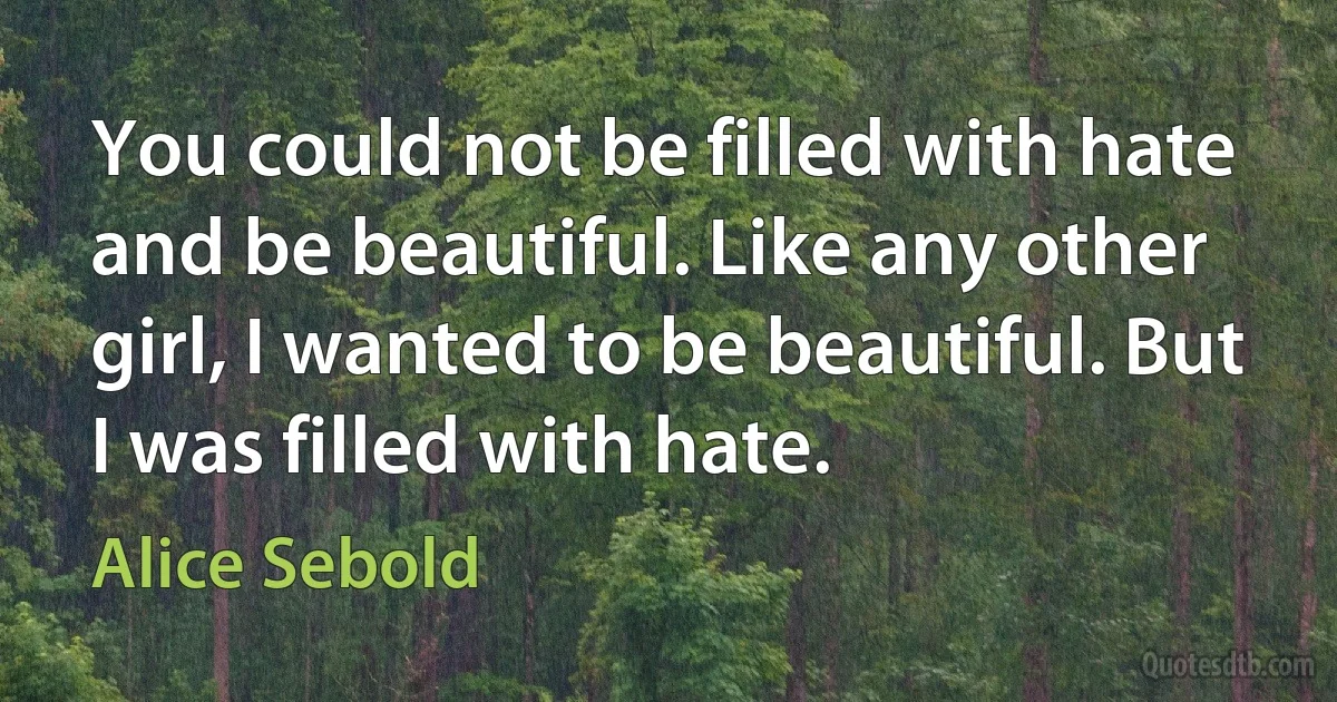 You could not be filled with hate and be beautiful. Like any other girl, I wanted to be beautiful. But I was filled with hate. (Alice Sebold)