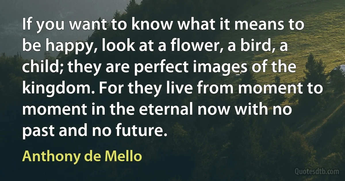 If you want to know what it means to be happy, look at a flower, a bird, a child; they are perfect images of the kingdom. For they live from moment to moment in the eternal now with no past and no future. (Anthony de Mello)