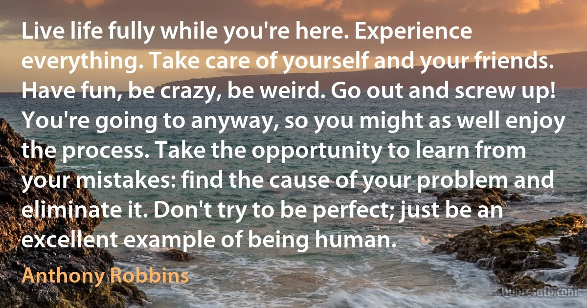 Live life fully while you're here. Experience everything. Take care of yourself and your friends. Have fun, be crazy, be weird. Go out and screw up! You're going to anyway, so you might as well enjoy the process. Take the opportunity to learn from your mistakes: find the cause of your problem and eliminate it. Don't try to be perfect; just be an excellent example of being human. (Anthony Robbins)