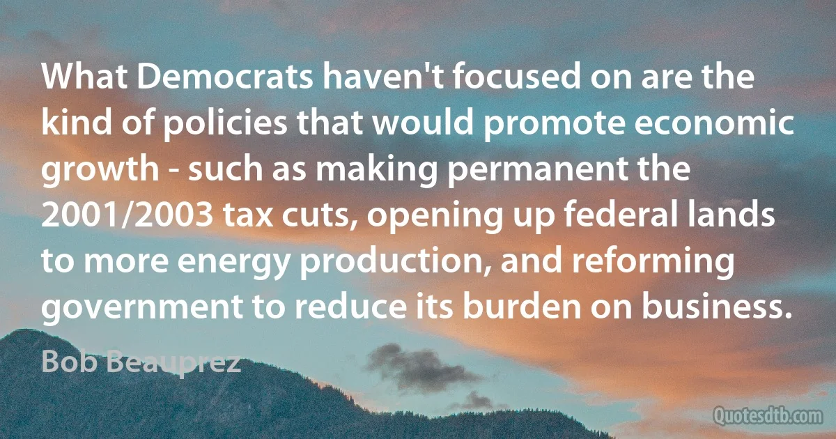 What Democrats haven't focused on are the kind of policies that would promote economic growth - such as making permanent the 2001/2003 tax cuts, opening up federal lands to more energy production, and reforming government to reduce its burden on business. (Bob Beauprez)