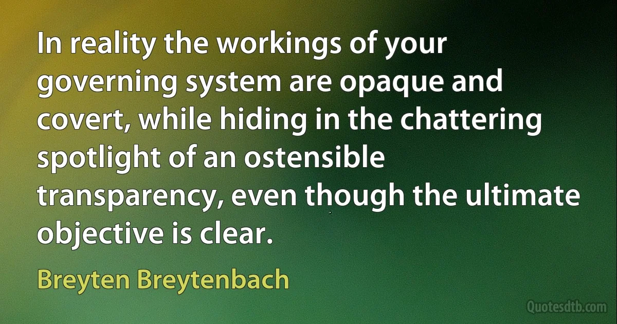 In reality the workings of your governing system are opaque and covert, while hiding in the chattering spotlight of an ostensible transparency, even though the ultimate objective is clear. (Breyten Breytenbach)