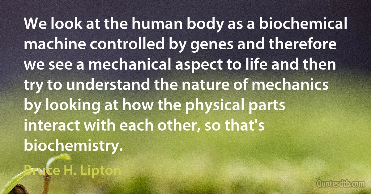 We look at the human body as a biochemical machine controlled by genes and therefore we see a mechanical aspect to life and then try to understand the nature of mechanics by looking at how the physical parts interact with each other, so that's biochemistry. (Bruce H. Lipton)