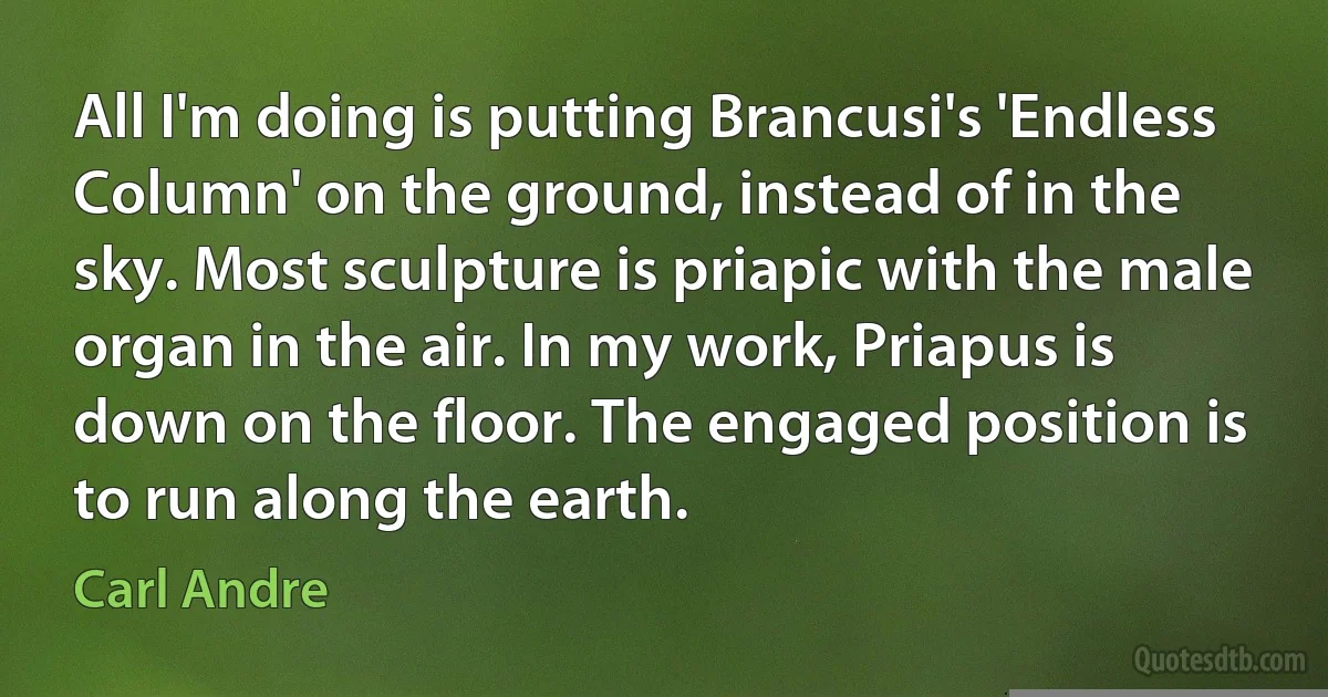 All I'm doing is putting Brancusi's 'Endless Column' on the ground, instead of in the sky. Most sculpture is priapic with the male organ in the air. In my work, Priapus is down on the floor. The engaged position is to run along the earth. (Carl Andre)