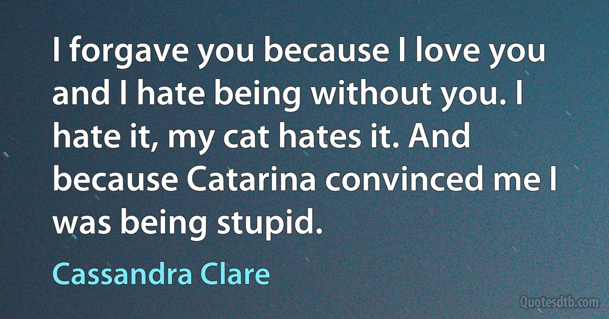 I forgave you because I love you and I hate being without you. I hate it, my cat hates it. And because Catarina convinced me I was being stupid. (Cassandra Clare)