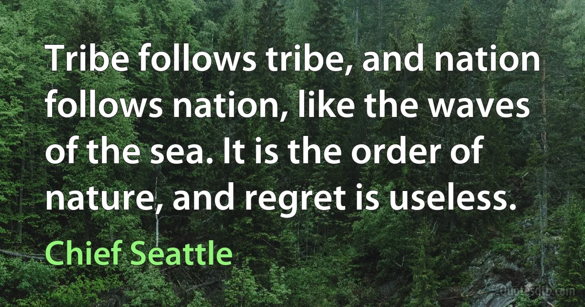 Tribe follows tribe, and nation follows nation, like the waves of the sea. It is the order of nature, and regret is useless. (Chief Seattle)