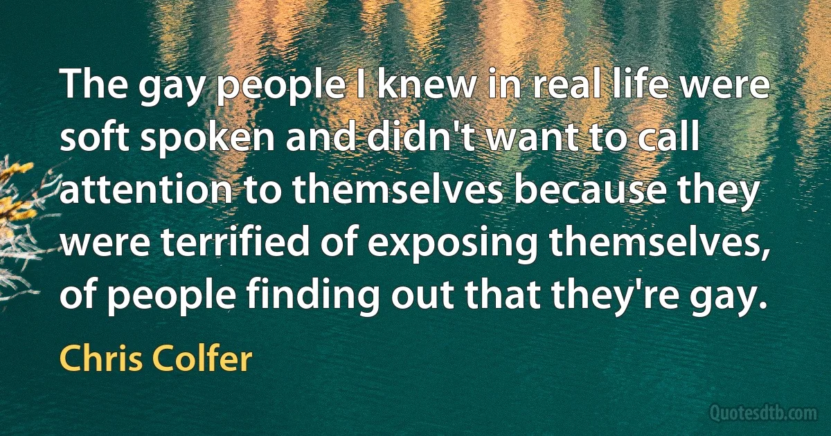 The gay people I knew in real life were soft spoken and didn't want to call attention to themselves because they were terrified of exposing themselves, of people finding out that they're gay. (Chris Colfer)