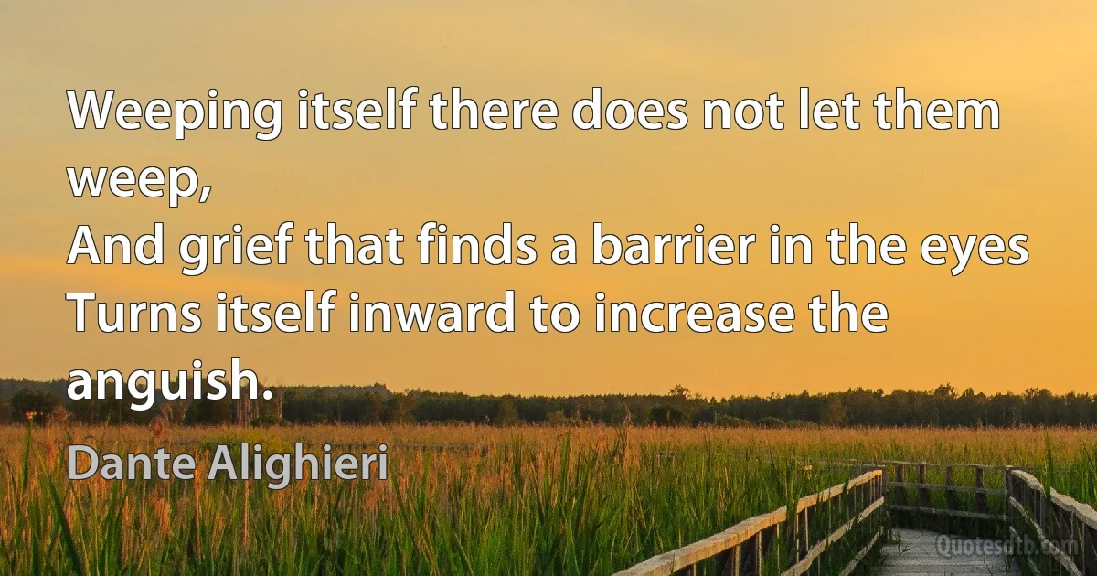 Weeping itself there does not let them weep,
And grief that finds a barrier in the eyes
Turns itself inward to increase the anguish. (Dante Alighieri)