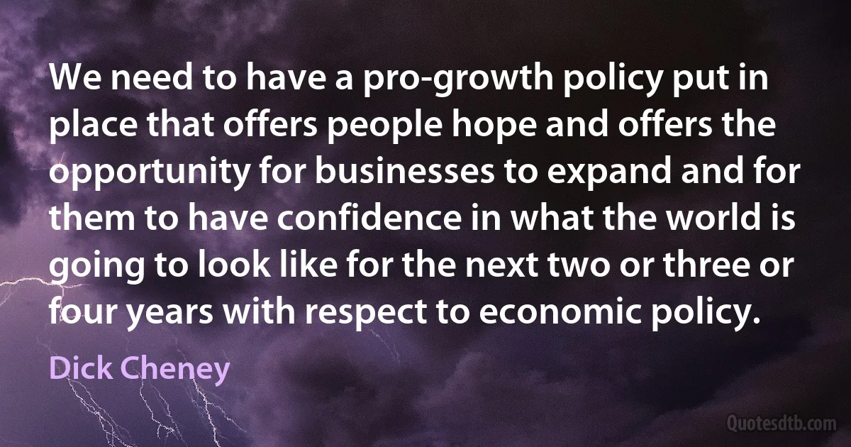 We need to have a pro-growth policy put in place that offers people hope and offers the opportunity for businesses to expand and for them to have confidence in what the world is going to look like for the next two or three or four years with respect to economic policy. (Dick Cheney)