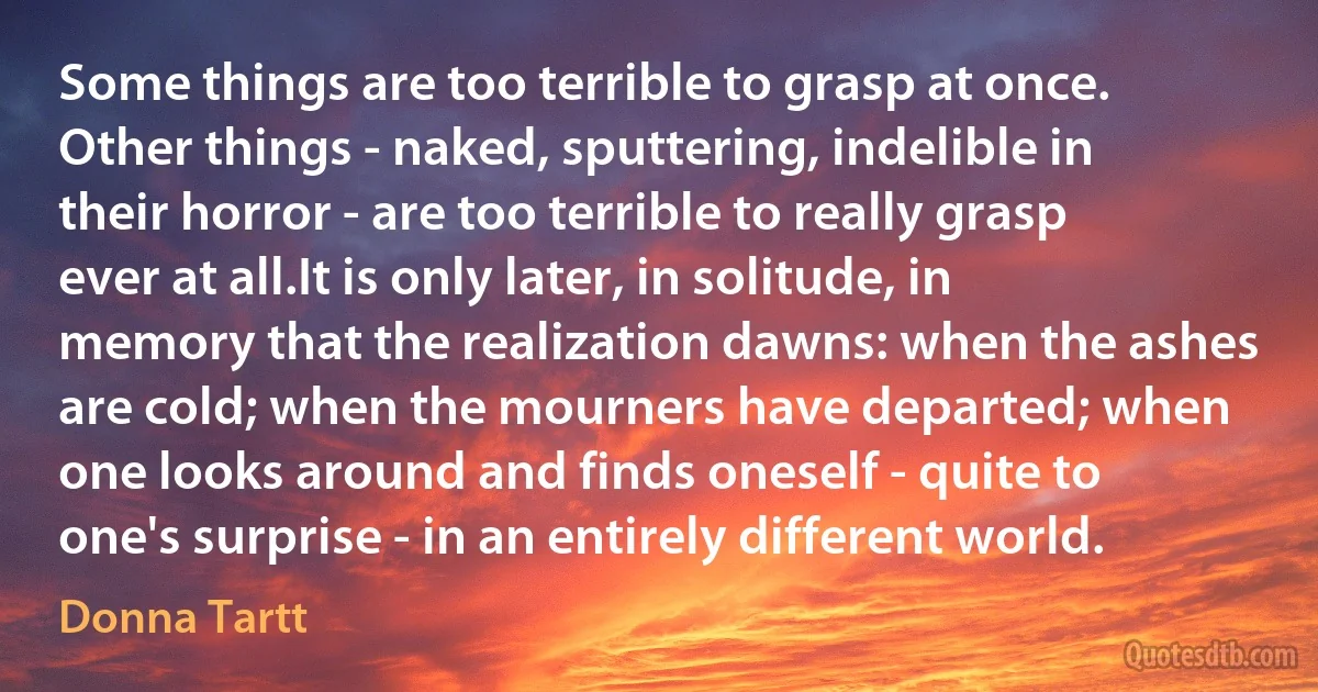 Some things are too terrible to grasp at once. Other things - naked, sputtering, indelible in their horror - are too terrible to really grasp ever at all.It is only later, in solitude, in memory that the realization dawns: when the ashes are cold; when the mourners have departed; when one looks around and finds oneself - quite to one's surprise - in an entirely different world. (Donna Tartt)