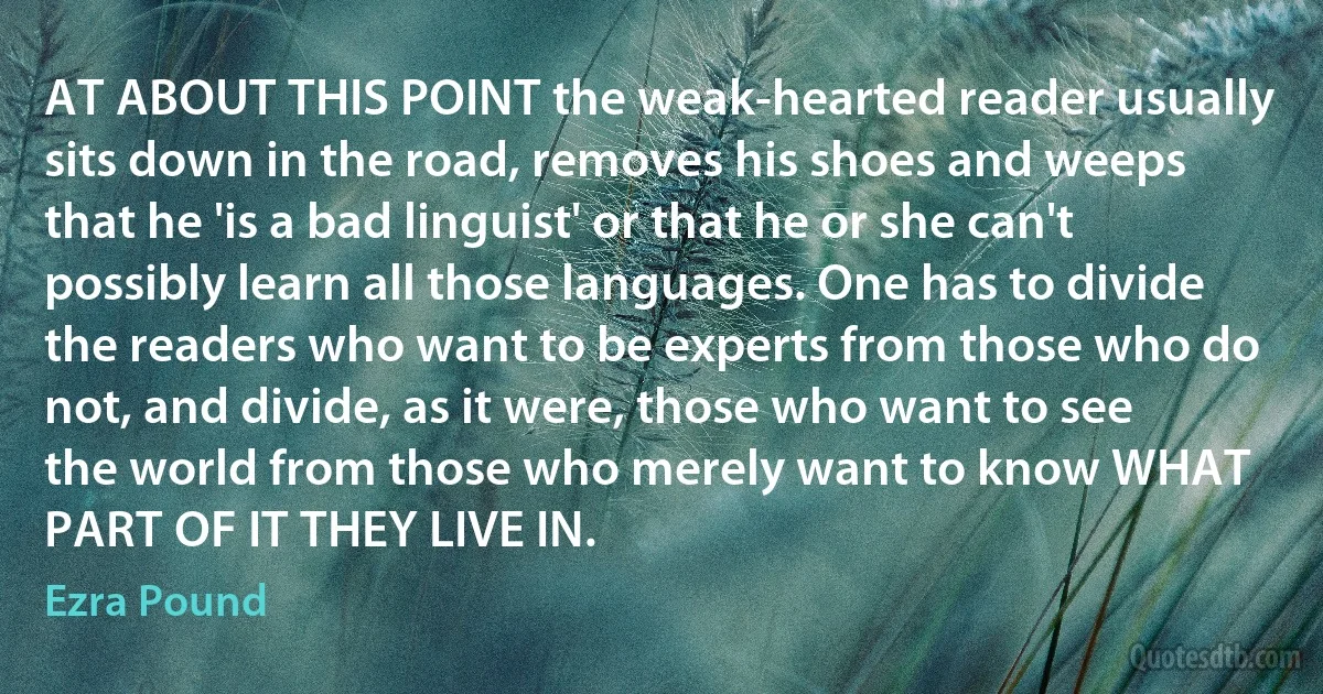 AT ABOUT THIS POINT the weak-hearted reader usually sits down in the road, removes his shoes and weeps that he 'is a bad linguist' or that he or she can't possibly learn all those languages. One has to divide the readers who want to be experts from those who do not, and divide, as it were, those who want to see the world from those who merely want to know WHAT PART OF IT THEY LIVE IN. (Ezra Pound)