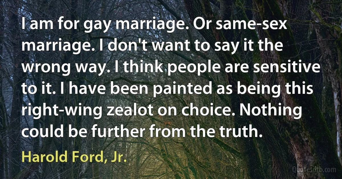 I am for gay marriage. Or same-sex marriage. I don't want to say it the wrong way. I think people are sensitive to it. I have been painted as being this right-wing zealot on choice. Nothing could be further from the truth. (Harold Ford, Jr.)