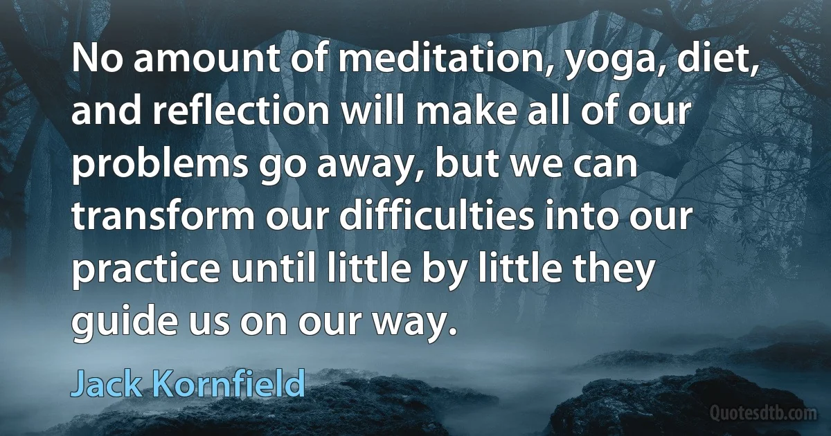 No amount of meditation, yoga, diet, and reflection will make all of our problems go away, but we can transform our difficulties into our practice until little by little they guide us on our way. (Jack Kornfield)