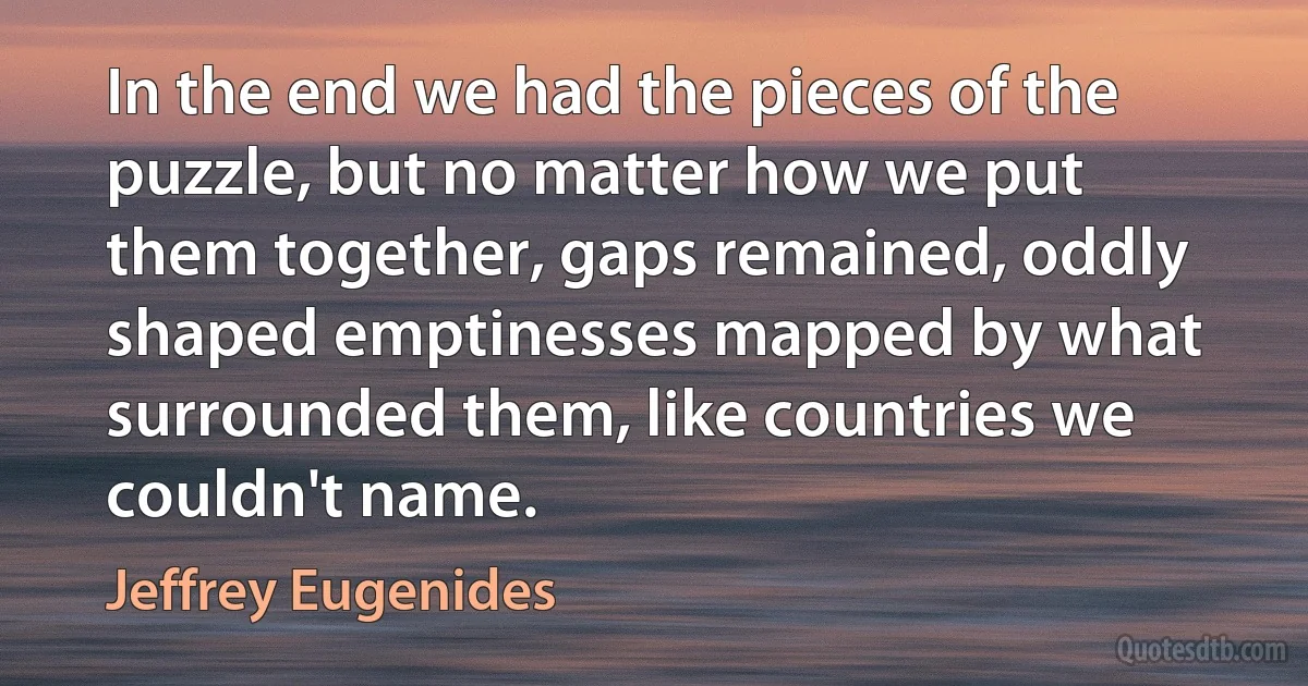 In the end we had the pieces of the puzzle, but no matter how we put them together, gaps remained, oddly shaped emptinesses mapped by what surrounded them, like countries we couldn't name. (Jeffrey Eugenides)