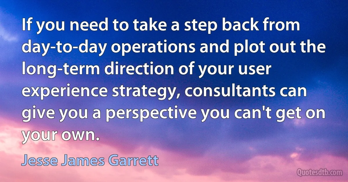 If you need to take a step back from day-to-day operations and plot out the long-term direction of your user experience strategy, consultants can give you a perspective you can't get on your own. (Jesse James Garrett)