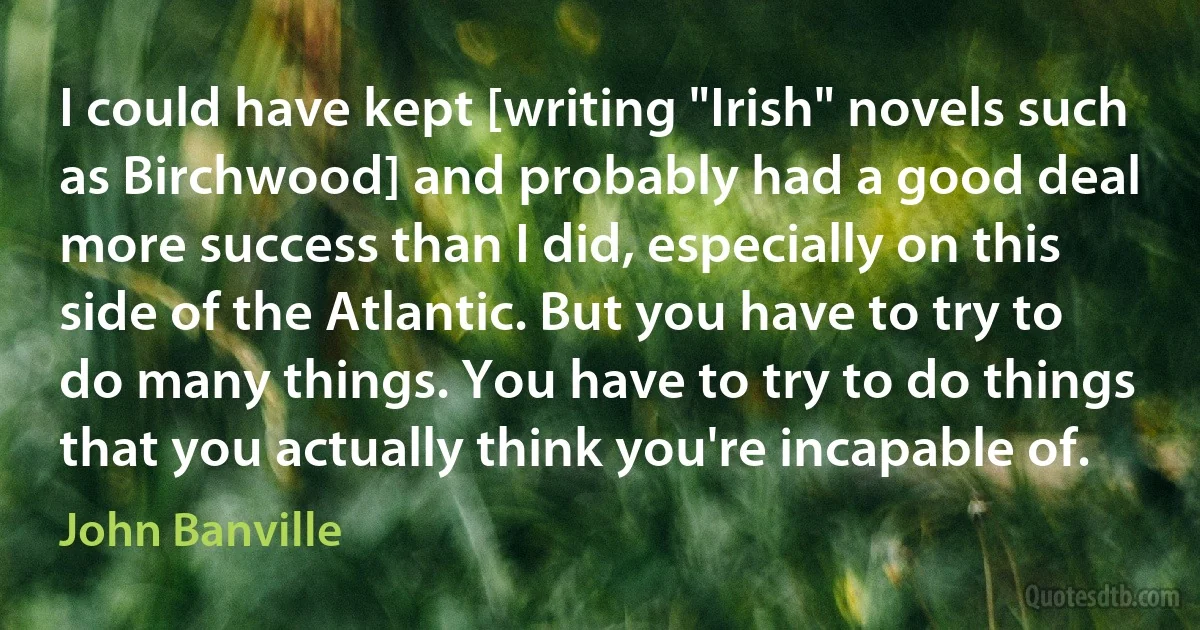 I could have kept [writing "Irish" novels such as Birchwood] and probably had a good deal more success than I did, especially on this side of the Atlantic. But you have to try to do many things. You have to try to do things that you actually think you're incapable of. (John Banville)