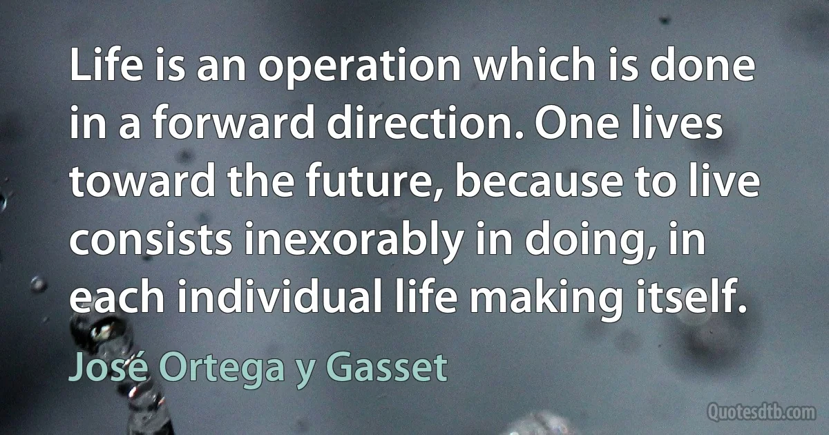 Life is an operation which is done in a forward direction. One lives toward the future, because to live consists inexorably in doing, in each individual life making itself. (José Ortega y Gasset)