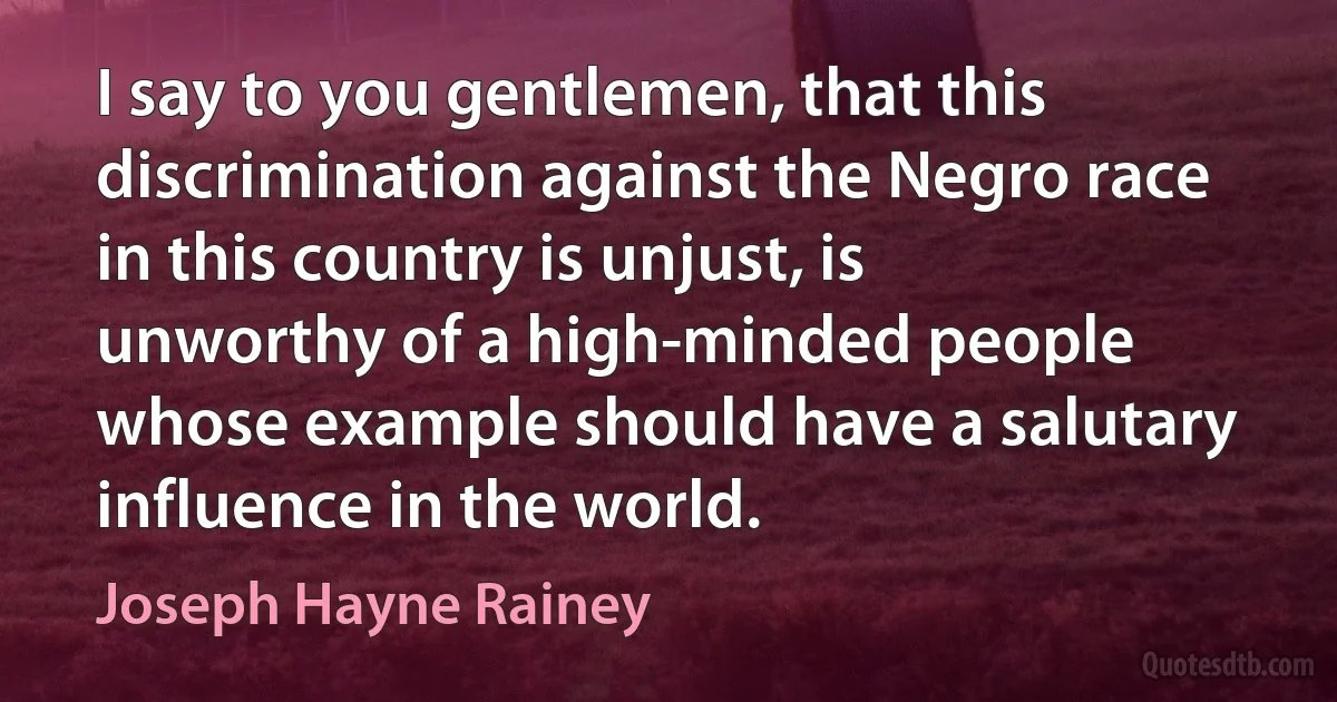 I say to you gentlemen, that this discrimination against the Negro race in this country is unjust, is unworthy of a high-minded people whose example should have a salutary influence in the world. (Joseph Hayne Rainey)