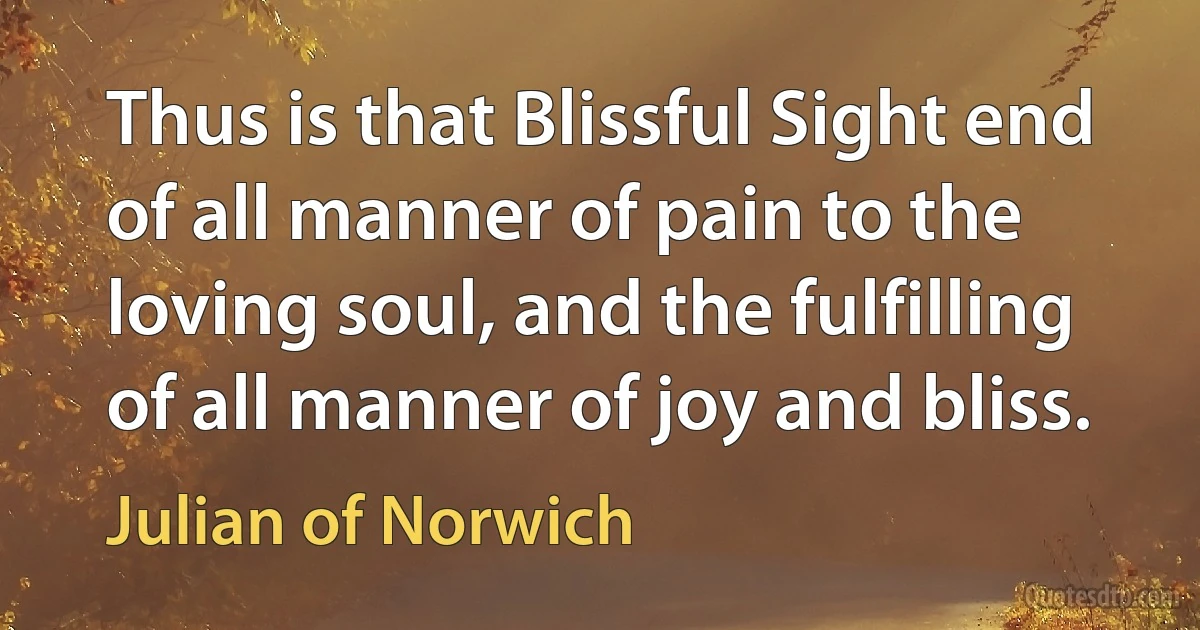 Thus is that Blissful Sight end of all manner of pain to the loving soul, and the fulfilling of all manner of joy and bliss. (Julian of Norwich)