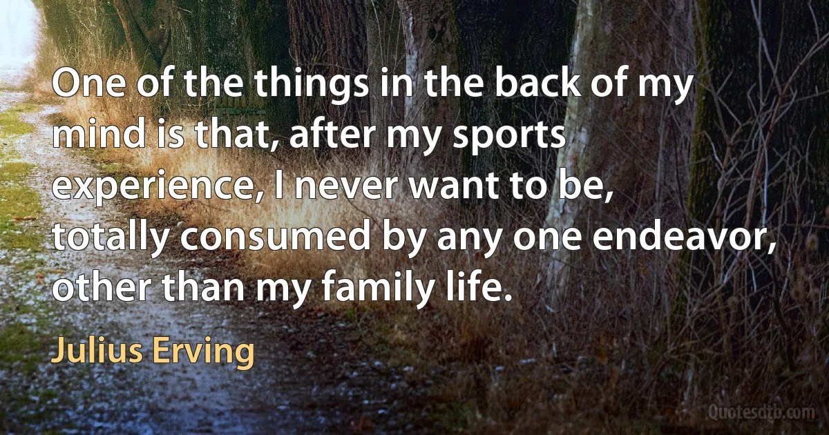 One of the things in the back of my mind is that, after my sports experience, I never want to be, totally consumed by any one endeavor, other than my family life. (Julius Erving)