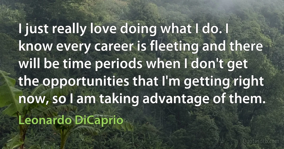 I just really love doing what I do. I know every career is fleeting and there will be time periods when I don't get the opportunities that I'm getting right now, so I am taking advantage of them. (Leonardo DiCaprio)