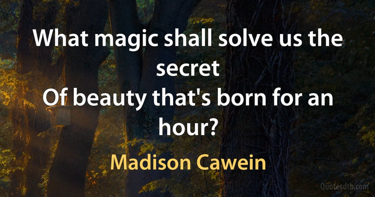 What magic shall solve us the secret
Of beauty that's born for an hour? (Madison Cawein)