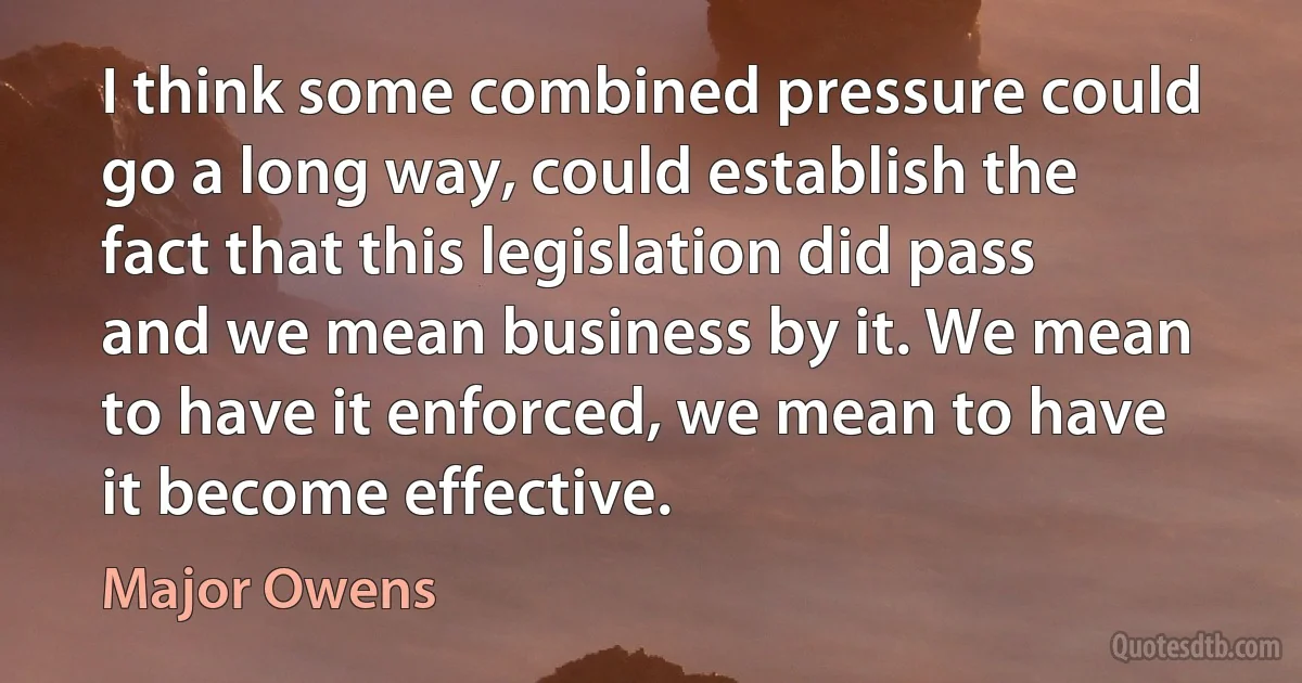 I think some combined pressure could go a long way, could establish the fact that this legislation did pass and we mean business by it. We mean to have it enforced, we mean to have it become effective. (Major Owens)