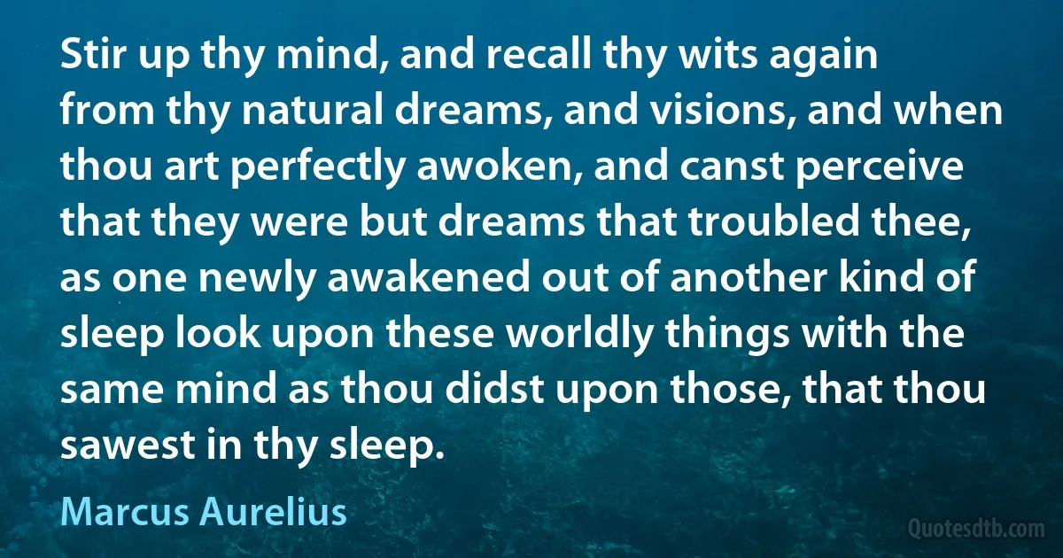 Stir up thy mind, and recall thy wits again from thy natural dreams, and visions, and when thou art perfectly awoken, and canst perceive that they were but dreams that troubled thee, as one newly awakened out of another kind of sleep look upon these worldly things with the same mind as thou didst upon those, that thou sawest in thy sleep. (Marcus Aurelius)