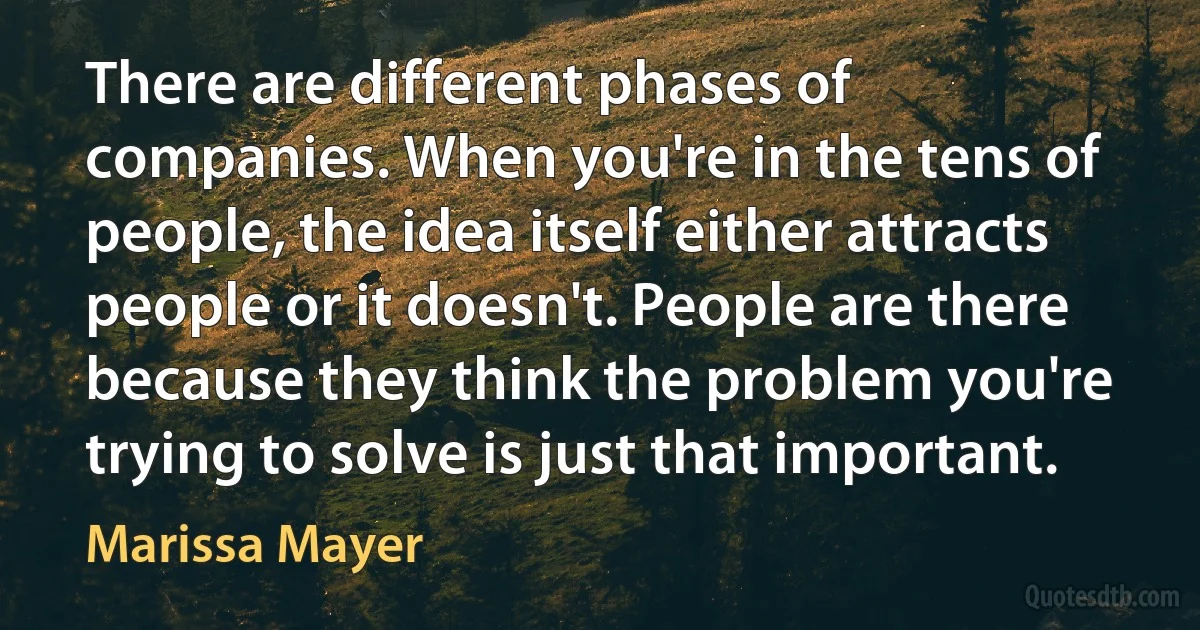 There are different phases of companies. When you're in the tens of people, the idea itself either attracts people or it doesn't. People are there because they think the problem you're trying to solve is just that important. (Marissa Mayer)