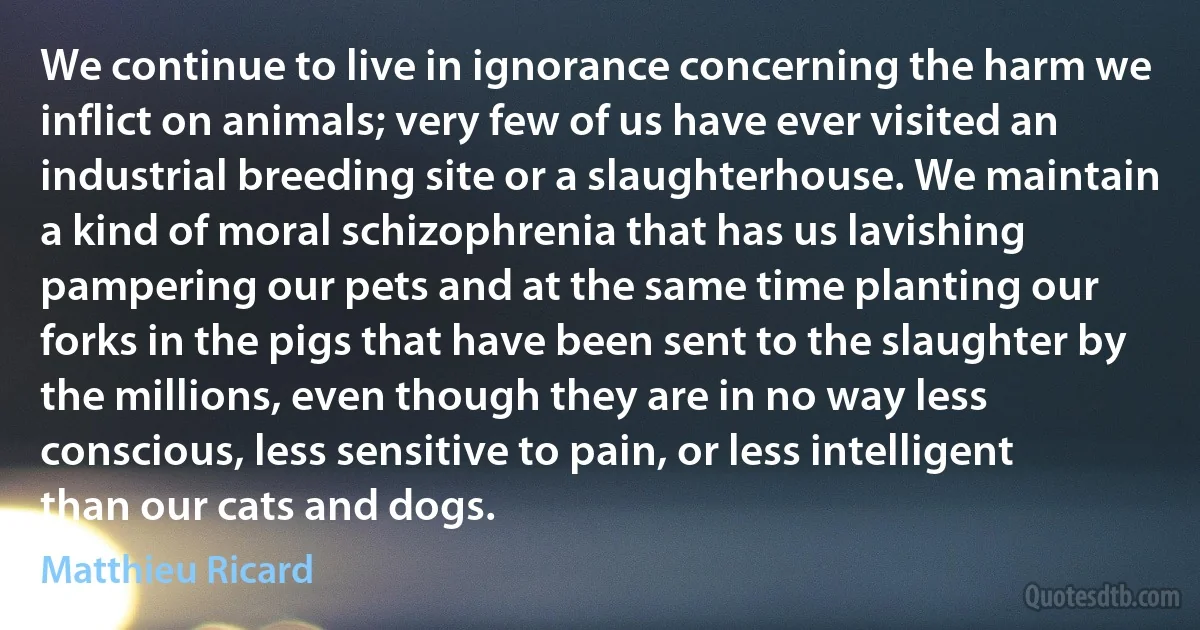 We continue to live in ignorance concerning the harm we inflict on animals; very few of us have ever visited an industrial breeding site or a slaughterhouse. We maintain a kind of moral schizophrenia that has us lavishing pampering our pets and at the same time planting our forks in the pigs that have been sent to the slaughter by the millions, even though they are in no way less conscious, less sensitive to pain, or less intelligent than our cats and dogs. (Matthieu Ricard)