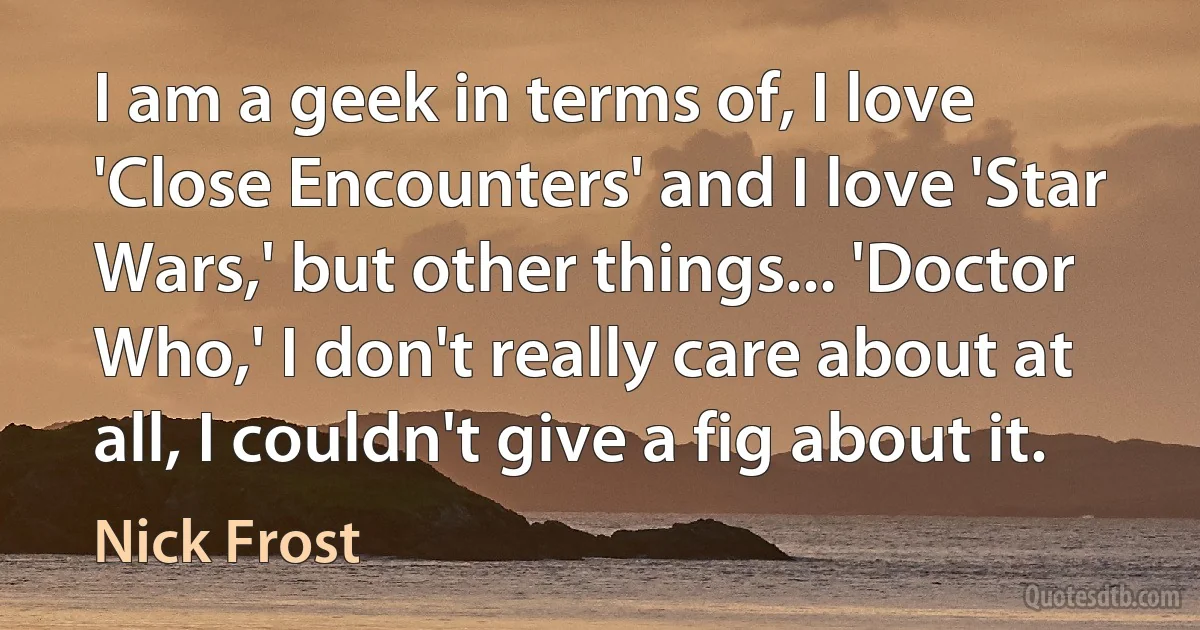 I am a geek in terms of, I love 'Close Encounters' and I love 'Star Wars,' but other things... 'Doctor Who,' I don't really care about at all, I couldn't give a fig about it. (Nick Frost)