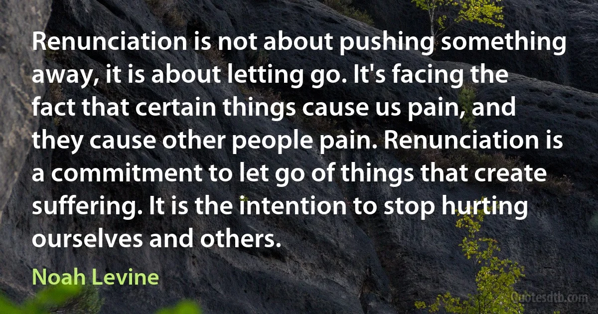 Renunciation is not about pushing something away, it is about letting go. It's facing the fact that certain things cause us pain, and they cause other people pain. Renunciation is a commitment to let go of things that create suffering. It is the intention to stop hurting ourselves and others. (Noah Levine)