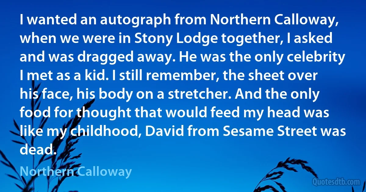 I wanted an autograph from Northern Calloway, when we were in Stony Lodge together, I asked and was dragged away. He was the only celebrity I met as a kid. I still remember, the sheet over his face, his body on a stretcher. And the only food for thought that would feed my head was like my childhood, David from Sesame Street was dead. (Northern Calloway)